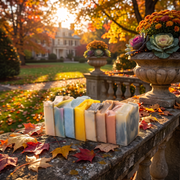 a group of colorful soaps on a stone ledge