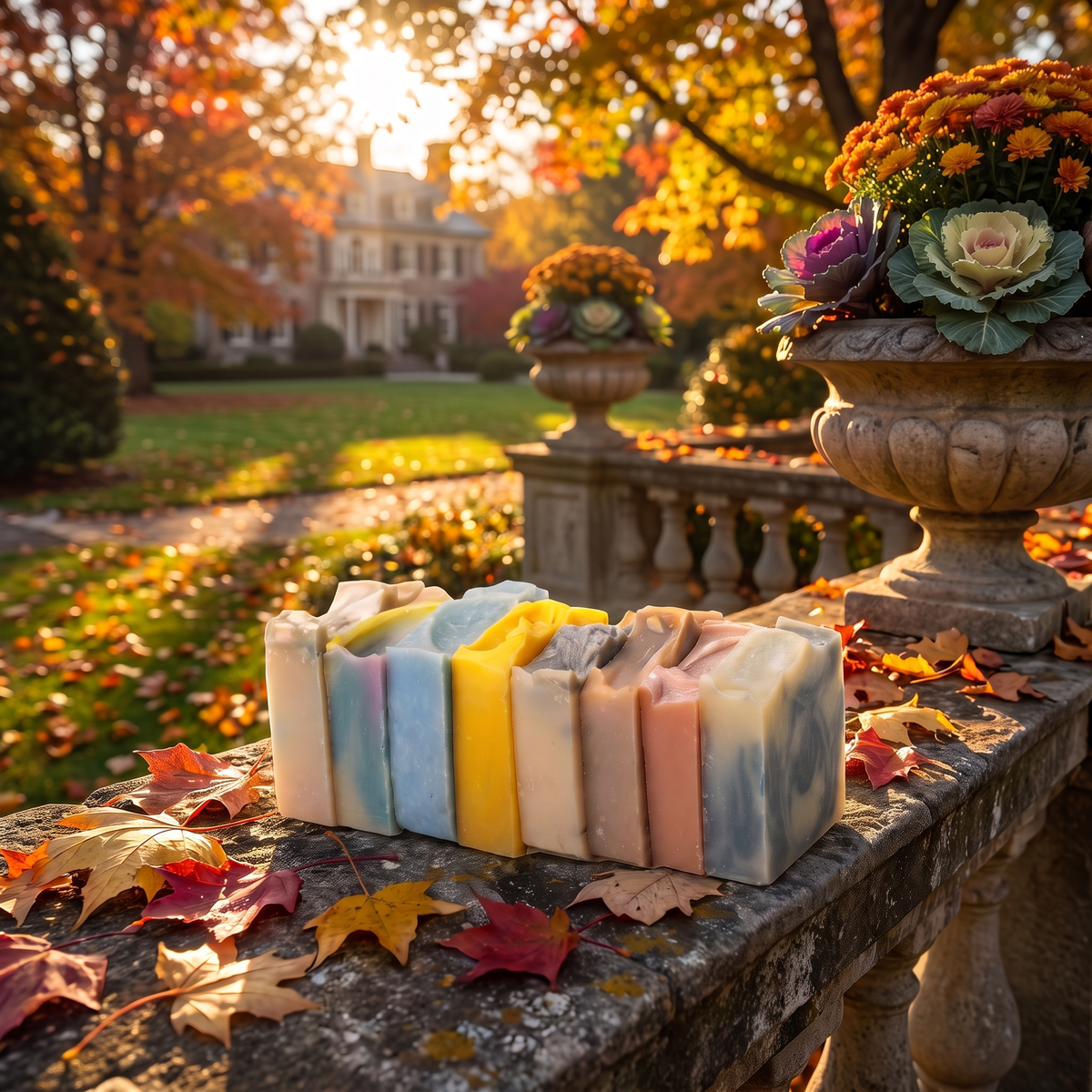 a group of colorful soaps on a stone ledge