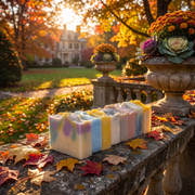 a group of colorful soaps on a stone ledge